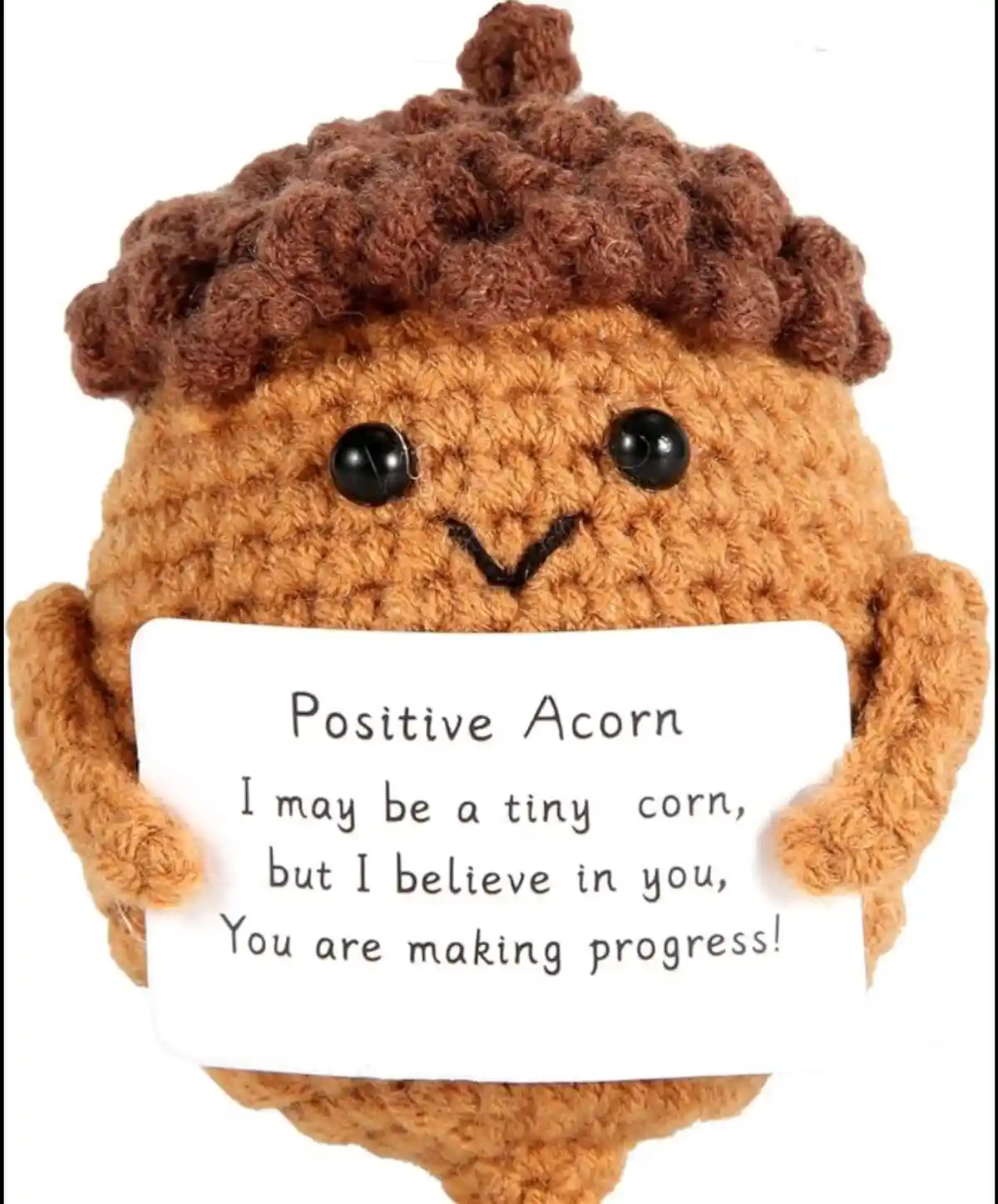 A handmade, crocheted acorn plush toy with a smiling face and black button eyes holds a white sign. The sign reads 'Positive…