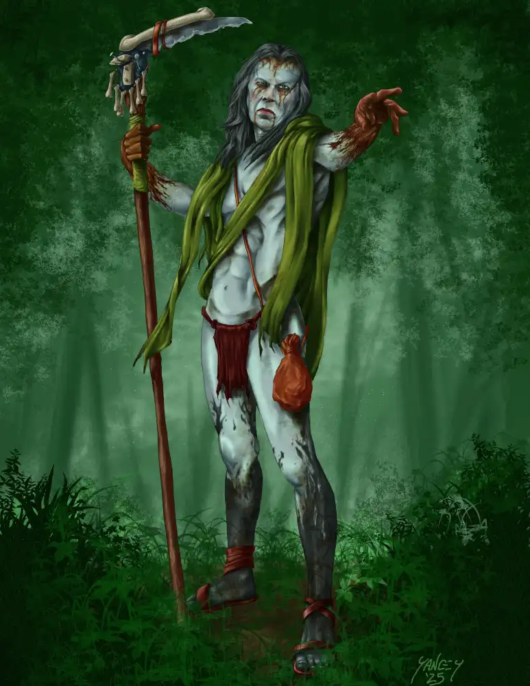 A pale, muscular humanoid figure with long dark hair and blood-stained face and body stands in a green forest, holding a…