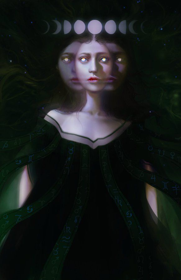A dark, mystical illustration of a woman with glowing eyes, wearing a green robe adorned with astrological symbols. Behind…