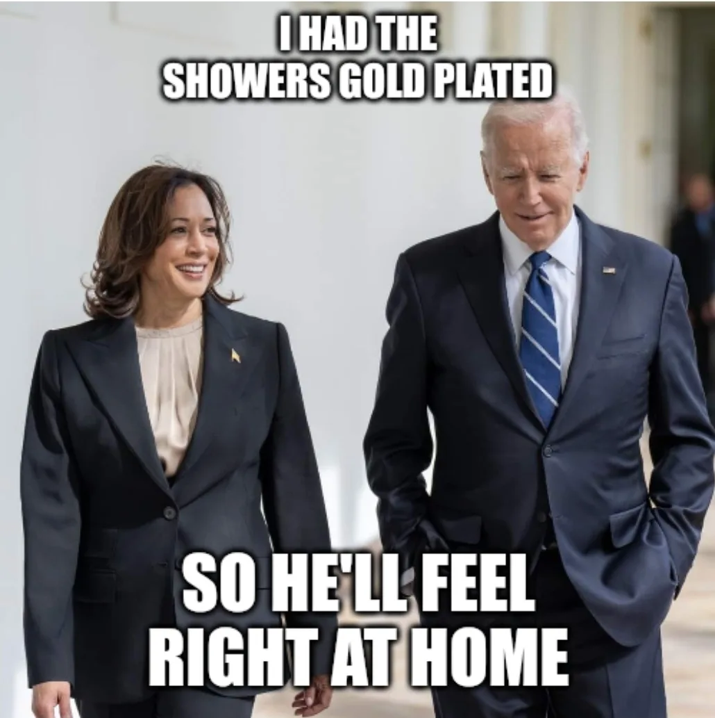 A photo of Kamala Harris and Joe Biden walking side by side, both in dark suits. Harris is smiling and looking forward…