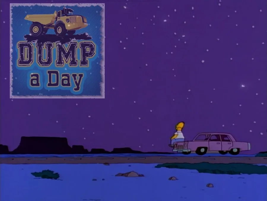 A still from The Simpsons shows Homer Simpson sitting on the hood of a pink car under a starry purple night sky. In the…
