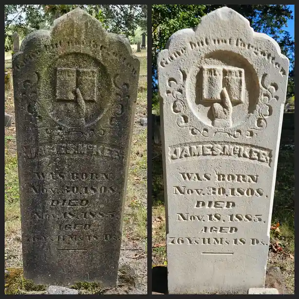 A split-image meme shows the same weathered gravestone of James McKee in two states: left side is dark and mossy with faded…