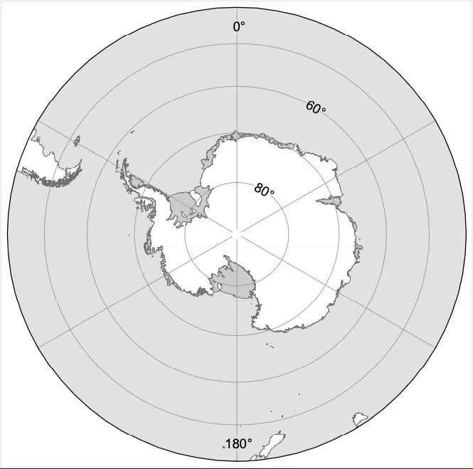 A polar projection map centered on Antarctica, showing concentric circles marked with degrees (0°, 60°, 80°, 180°) and the…