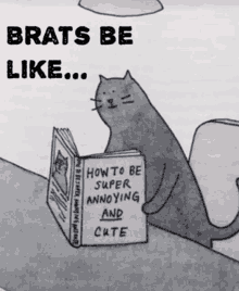 A black-and-white cartoon depicts a cat sitting upright on a surface, holding an open book titled 'HOW TO BE SUPER ANNOYING…