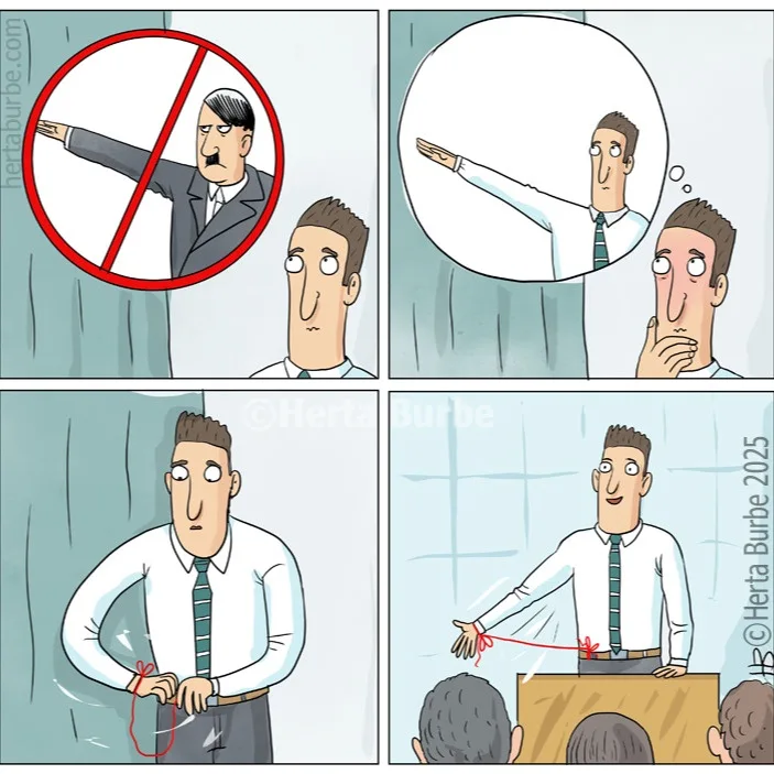 A four-panel comic shows a man observing a historical figure in a red circle with a slash, indicating prohibition. He then…