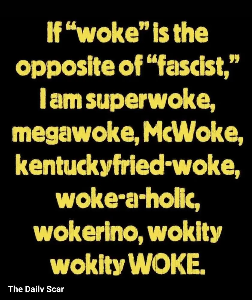 A black background with bold yellow text humorously lists exaggerated variations of the word 'woke' as if they were extreme…