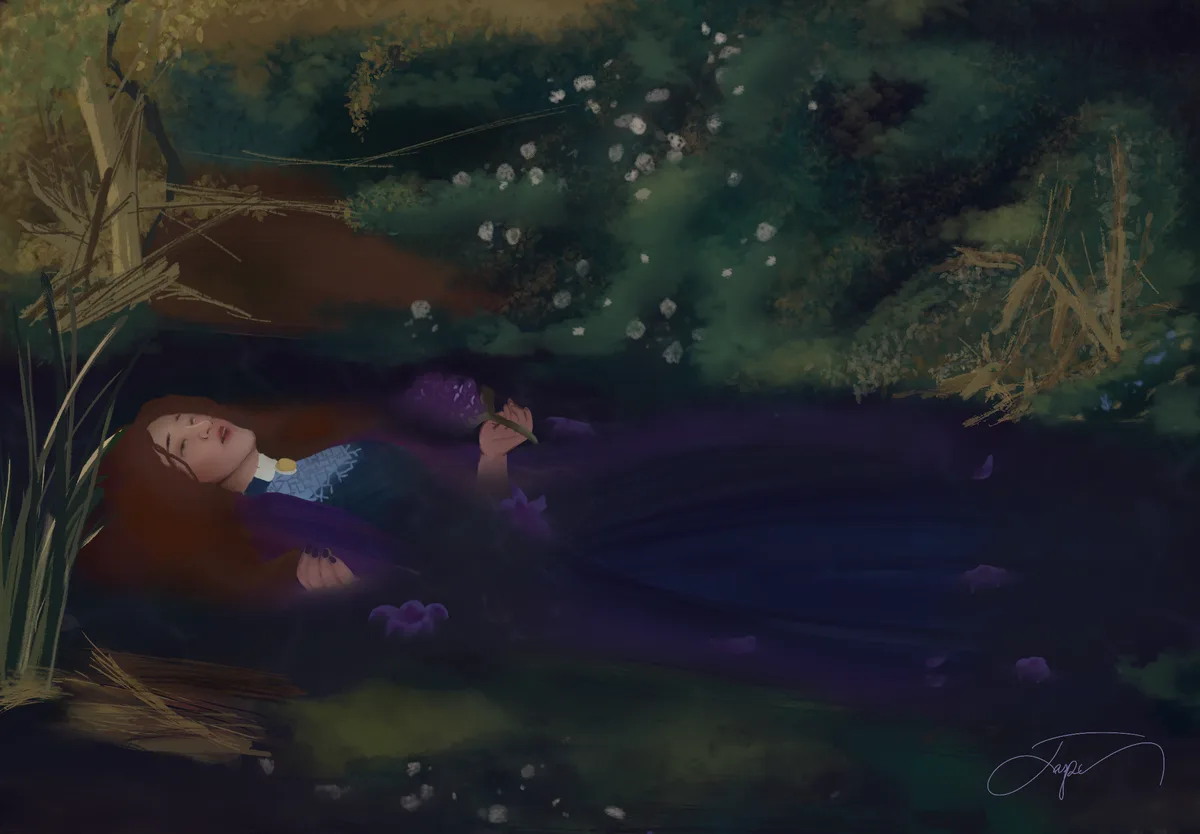 A person with long brown hair lies peacefully in a dark, watery forest setting, surrounded by purple flowers and glowing…