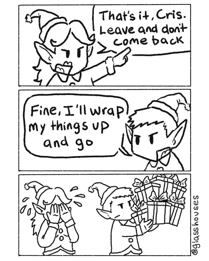 A three-panel comic strip featuring two elves in Santa hats. In the first panel, a female elf angrily points at a male elf…