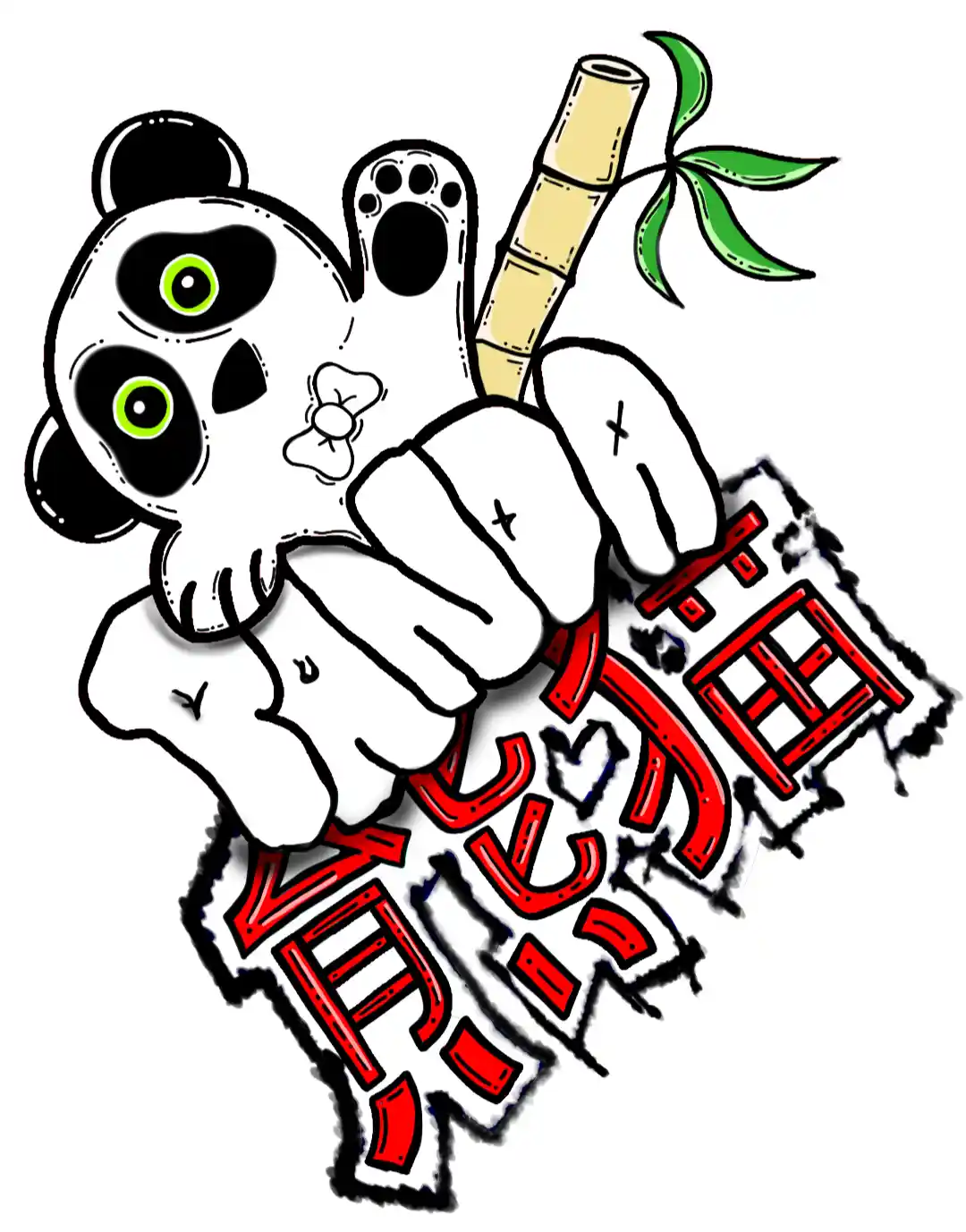 A cartoon skeleton panda with green glowing eyes and a small bow tie holds a bamboo stick with leaves, standing over large…