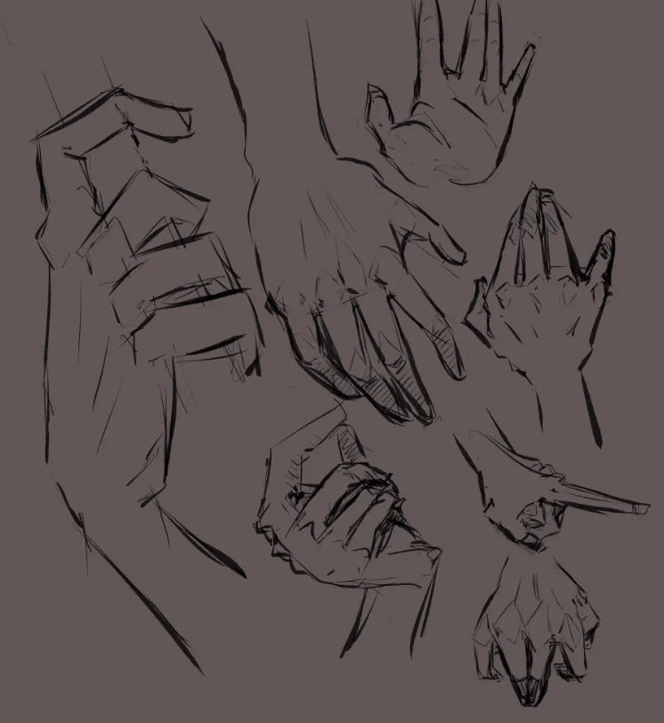 A sketch of multiple stylized hands in various poses and forms, including a normal hand, a claw-like hand, and a hand with…