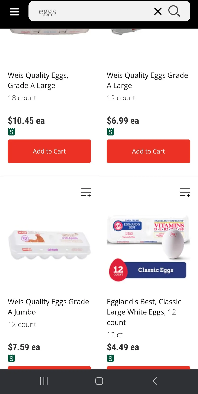 A screenshot of a grocery store's online egg selection page showing four different egg products with their prices. The…