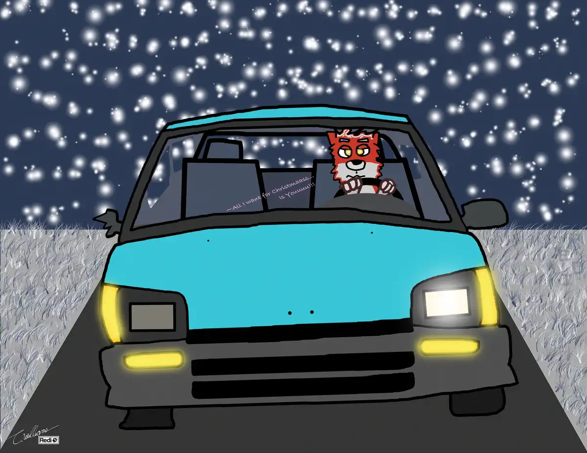 A cartoon red fox with a tired expression drives a turquoise car through a snowy night, with the text '~All I want for…
