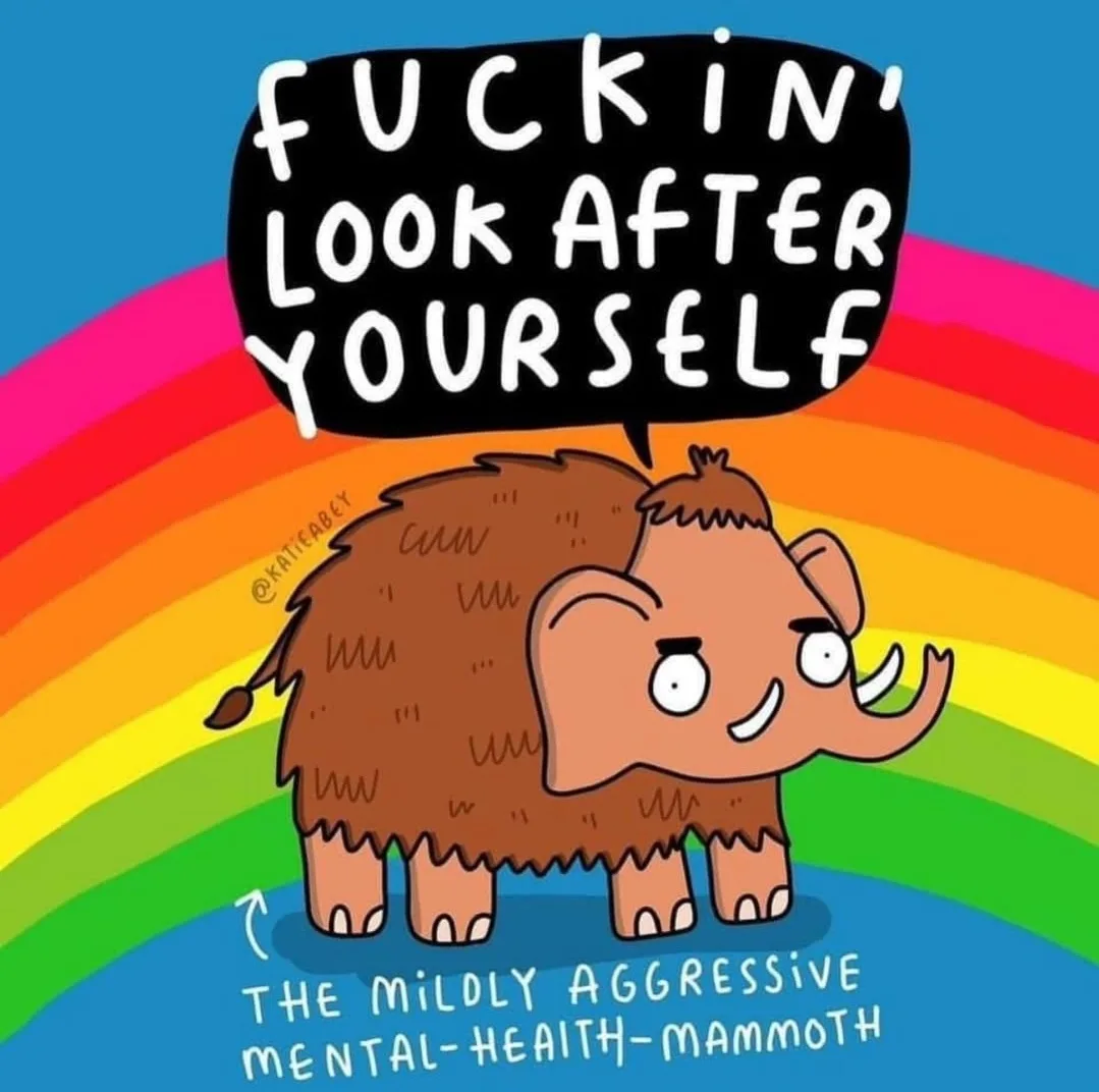 A cartoon mammoth with shaggy brown fur stands in front of a rainbow, speaking in a black speech bubble that reads 'fuckin'…