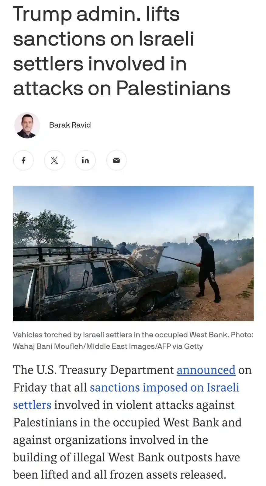 A screenshot of a news article with a headline about the Trump administration lifting sanctions on Israeli settlers. The…