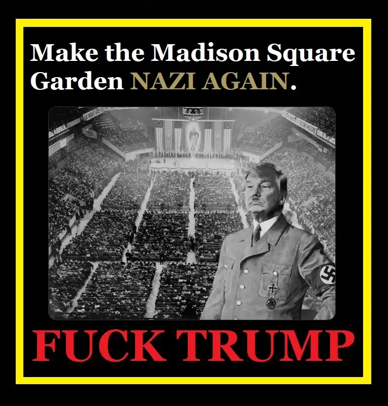 A black-and-white image shows a large, crowded arena resembling a Nazi rally, with a stage and rows of seated attendees…