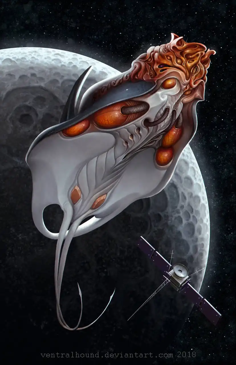 A surreal, biomechanical alien creature with glowing orange organs and tentacles hovers in space near a moon, while a small…