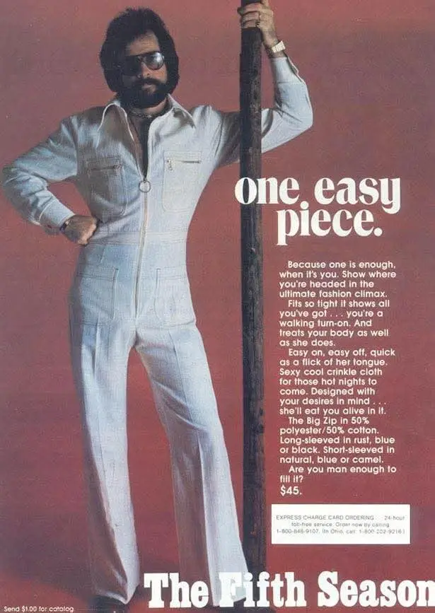 A vintage 1970s advertisement for 'The Fifth Season' brand features a man in a light-colored, full-length jumpsuit posing…