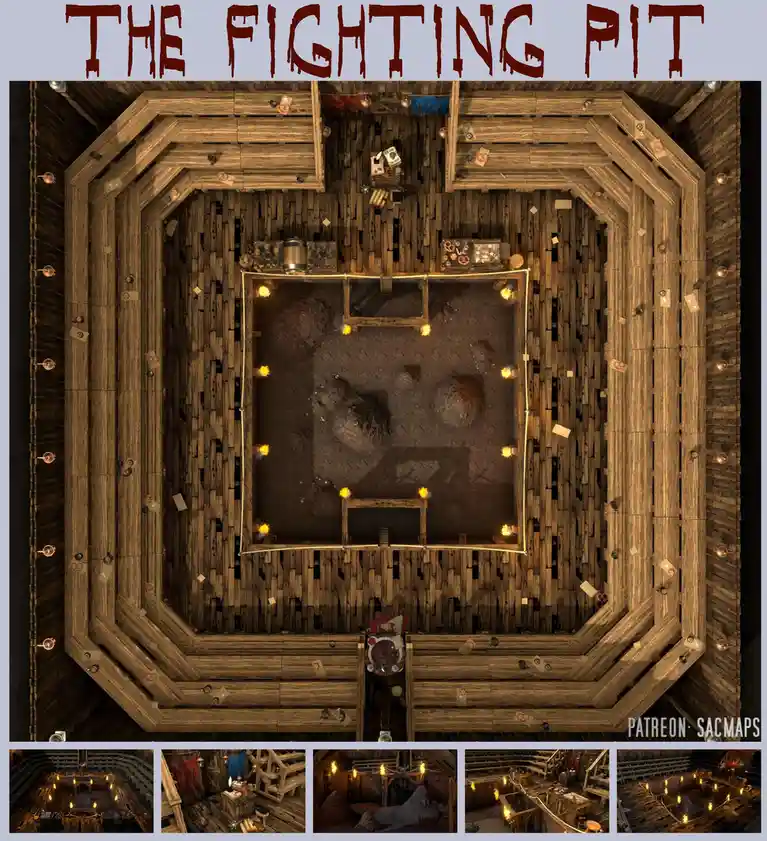 An overhead view of a wooden fighting pit with a central dirt arena, surrounded by tiered seating and lit by torches, with…