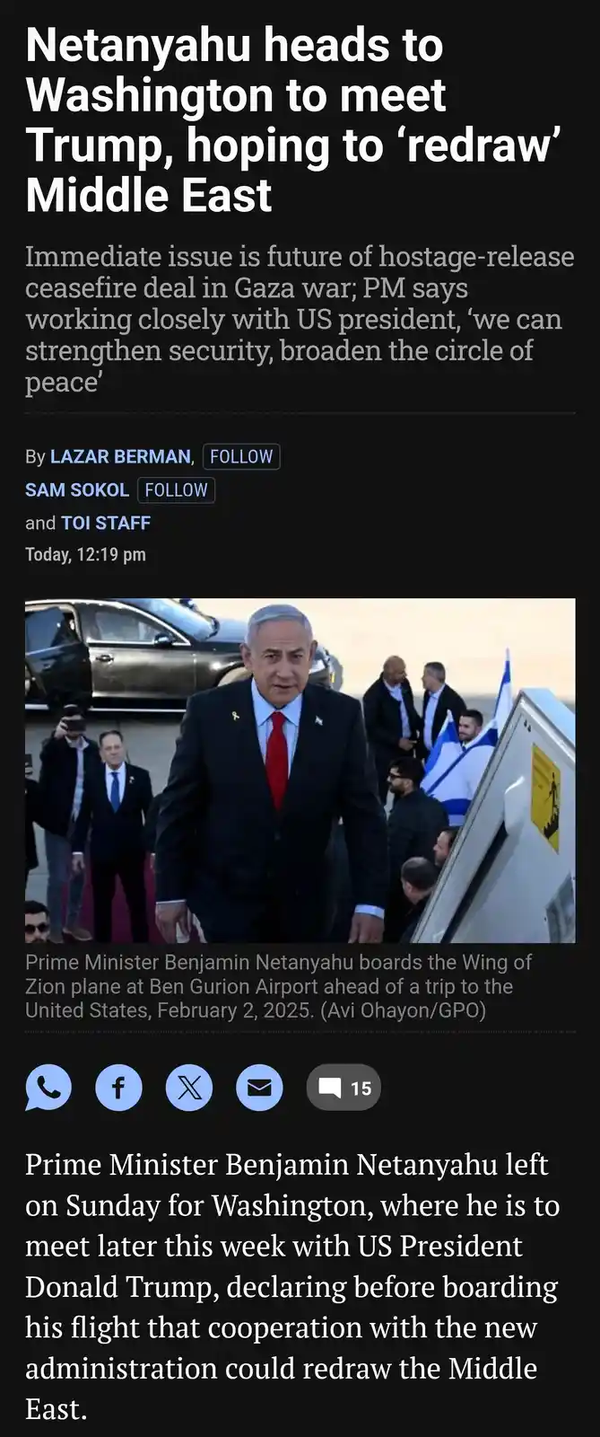 A screenshot of a news article shows Prime Minister Benjamin Netanyahu walking toward an airplane, with Israeli flags…