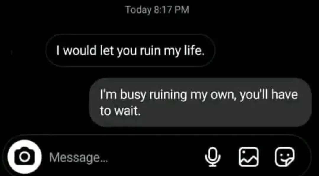 A screenshot of a text message conversation on a dark-themed messaging app, showing two messages. The first message says 'I…