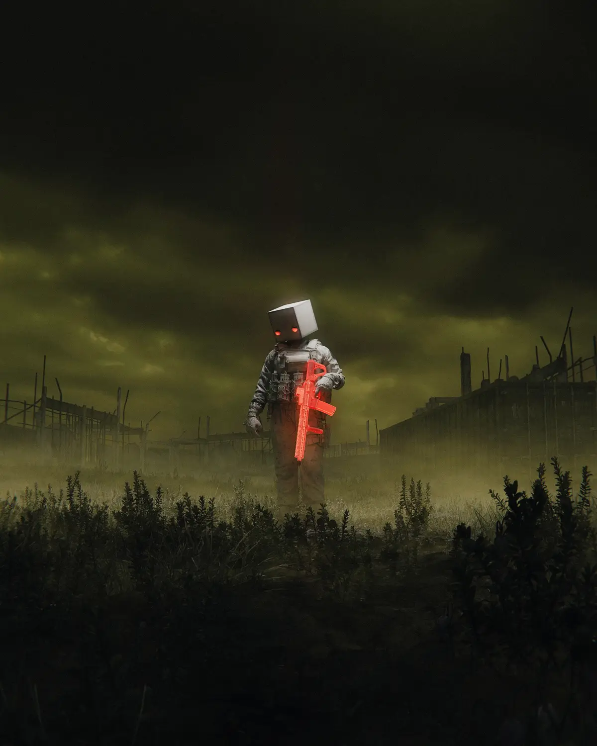 A figure with a white cube head featuring glowing red eyes stands in a desolate, foggy field under a dark, ominous sky. The…