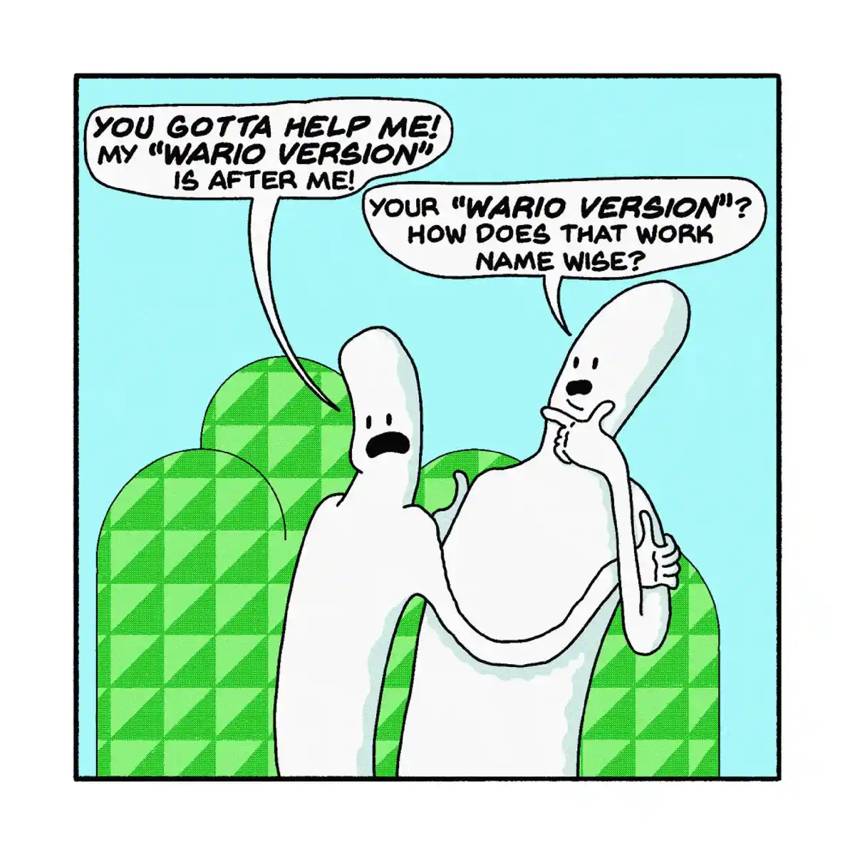 Two white, ghost-like cartoon characters sit on a green checkered couch. The character on the left, looking panicked, says…