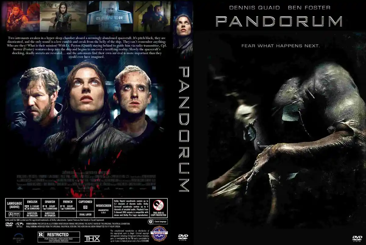 This is the DVD cover art for the 2009 sci-fi horror film 'Pandorum', featuring actors Dennis Quaid and Ben Foster. The…