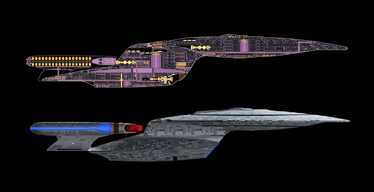 The image displays a Starfleet starship, likely a Galaxy-class vessel, shown in two views: the top view reveals a detailed…