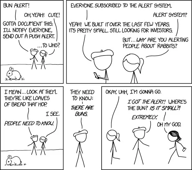 A four-panel comic strip featuring stick-figure characters discussing a 'bun alert' system. One character explains they…