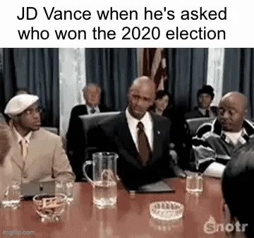 A six-panel meme sequence shows a man in a white hat and beige suit sitting at a conference table, initially calm, then…