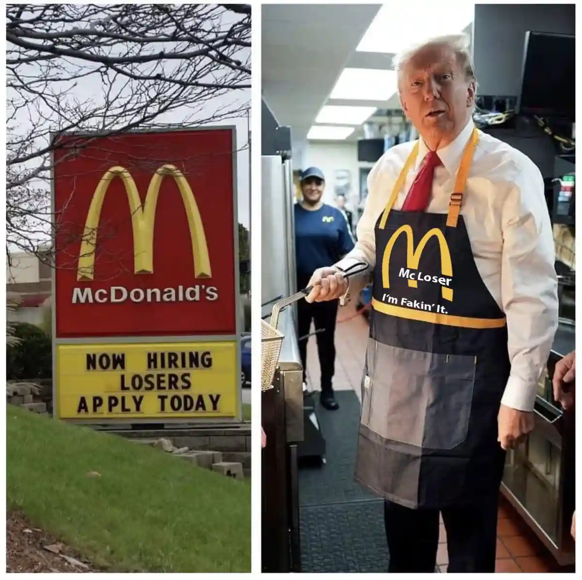 The image is split: left side shows a McDonald's sign with a 'NOW HIRING LOSERS APPLY TODAY' marquee. Right side shows…