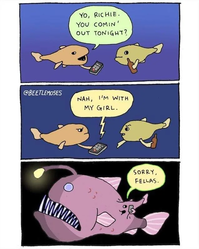 A three-panel comic strip featuring cartoon fish. In the first panel, one fish asks another, 'YO, RICHIE. YOU COMIN' OUT…
