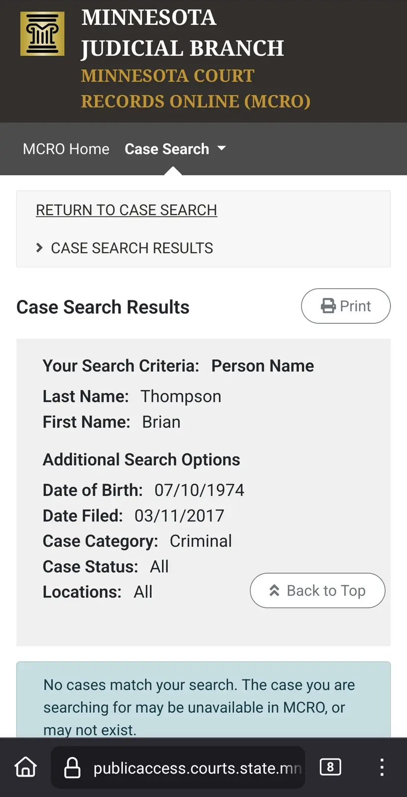 A screenshot of the Minnesota Judicial Branch's online court records search results page shows a search for Brian Thompson…