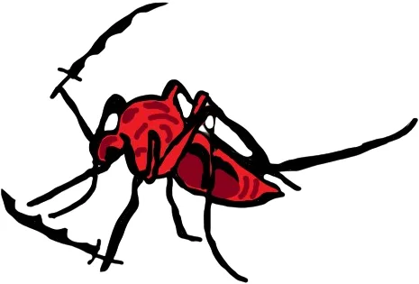 A crudely drawn red mosquito with black outlines is shown in profile, appearing to be in mid-flight. The image has no…