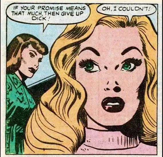 A vintage comic book panel shows a blonde woman with wide eyes and a shocked expression, her mouth slightly open. Behind…