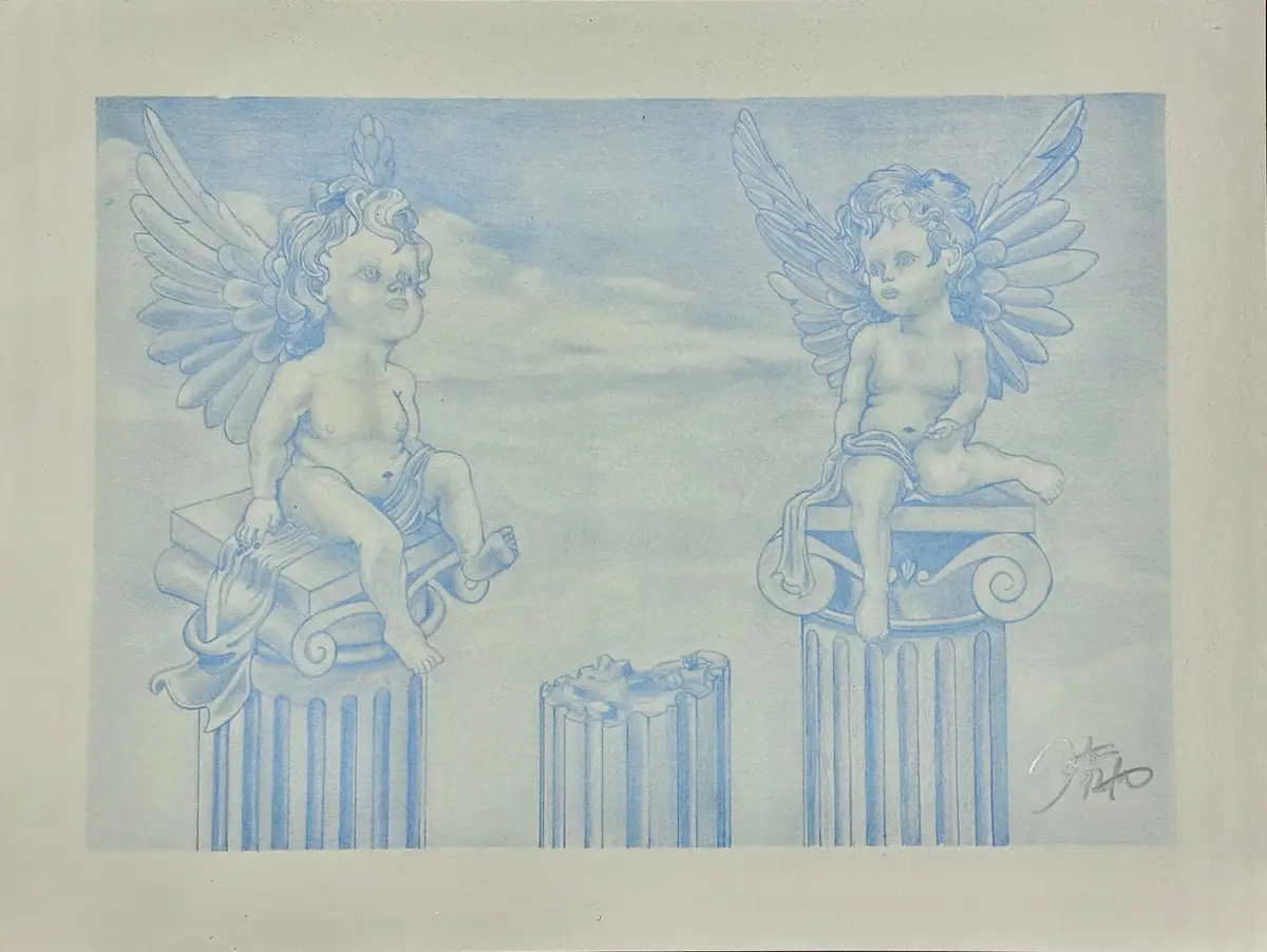 A blue-toned drawing shows two cherubim statues sitting atop classical columns, with one column between them appearing…