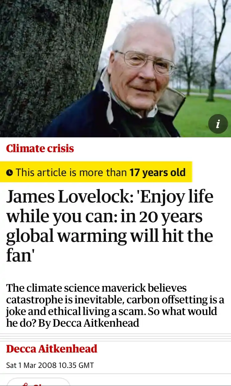A screenshot of a 2008 news article about James Lovelock, showing his photo next to a headline predicting global warming…