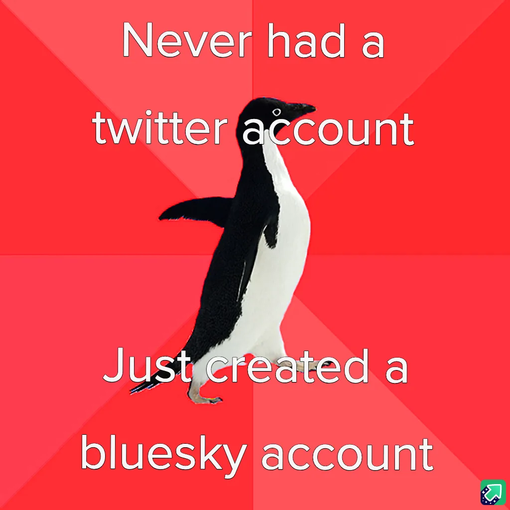 A black-and-white penguin stands against a red background with diagonal stripes. White text overlaid on the image reads…