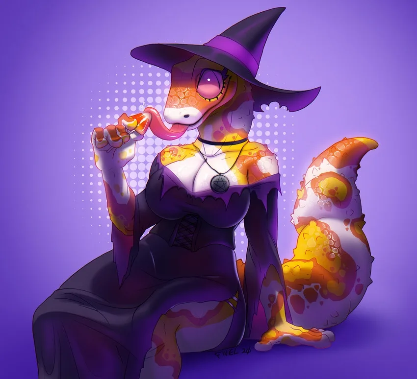 An anthropomorphic gecko with orange and white spotted skin wears a purple witch's hat and dress, sitting and licking a…