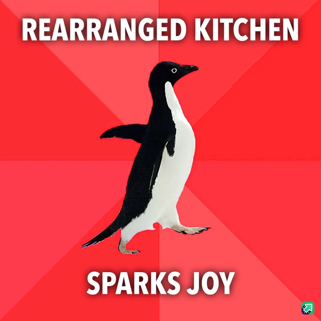 A black-and-white penguin stands centered on a red background with diagonal stripes. White bold text at the top reads…