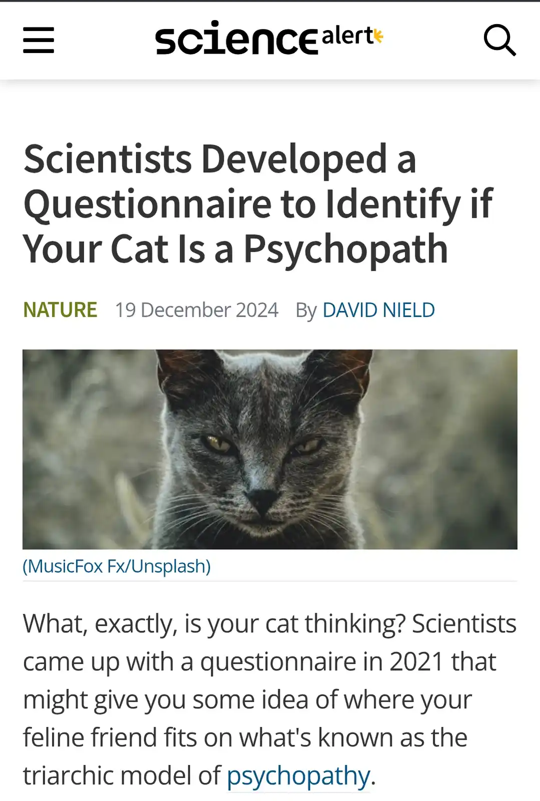 The image displays a screenshot of a ScienceAlert article titled 'Scientists Developed a Questionnaire to Identify if Your…