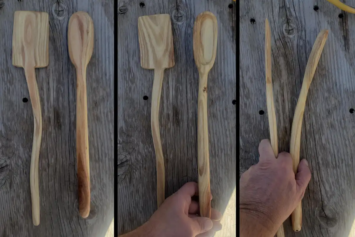 Three panels show a hand holding wooden spoons and spatulas made from a single piece of wood, with the handles visibly…