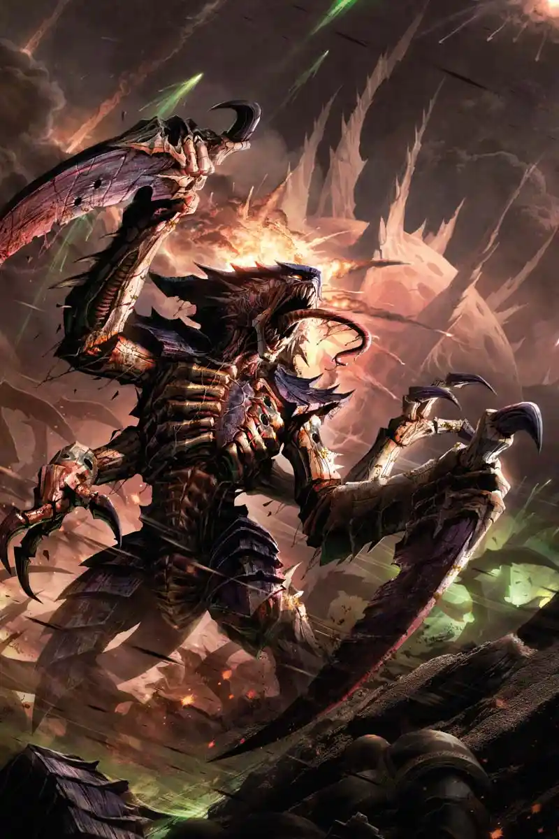 A dark fantasy illustration shows a monstrous, armored creature with horns, claws, and glowing green energy, wielding…