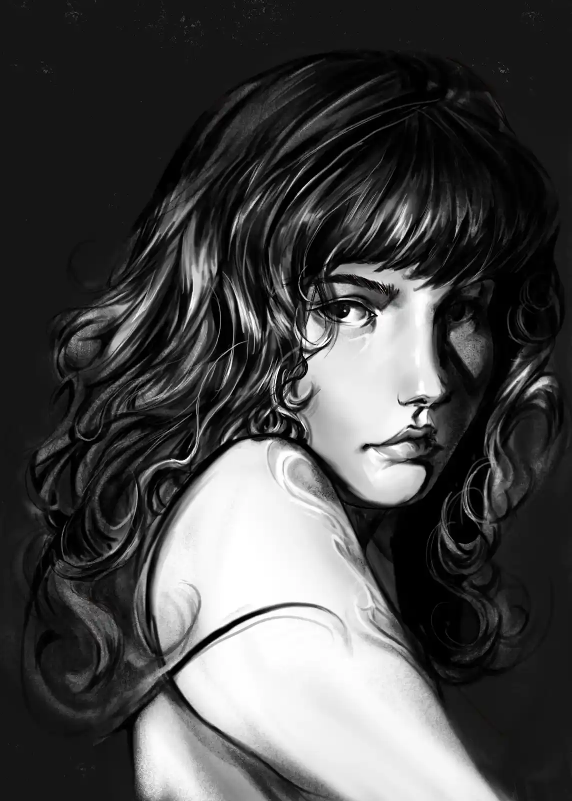 A black-and-white digital portrait of a woman with wavy hair and a serious expression, looking over her shoulder. The image…