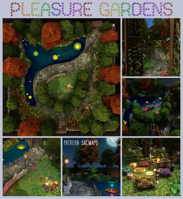 A collage of six images showcasing a beautifully designed virtual garden with winding paths, colorful trees, a pond with…