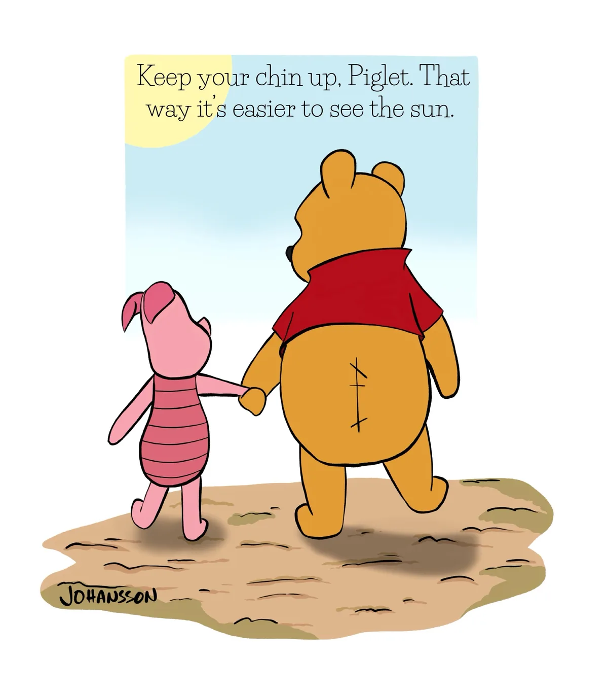 A cartoon image shows Winnie the Pooh and Piglet walking hand-in-hand away from the viewer on a dirt path under a blue sky…