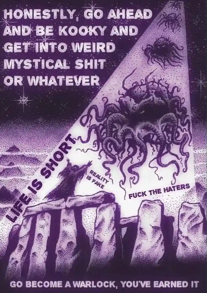 A purple-toned illustration depicts a robed figure standing atop a stone circle, facing a large, tentacled cosmic entity…