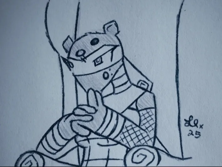 A hand-drawn sketch of a stylized, bandaged humanoid figure with animal-like ears, sitting in a chair and making a peace…