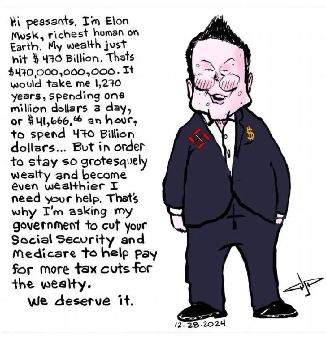 A cartoon caricature of Elon Musk with exaggerated features, wearing a suit with a dollar sign pin and a red swastika-like…