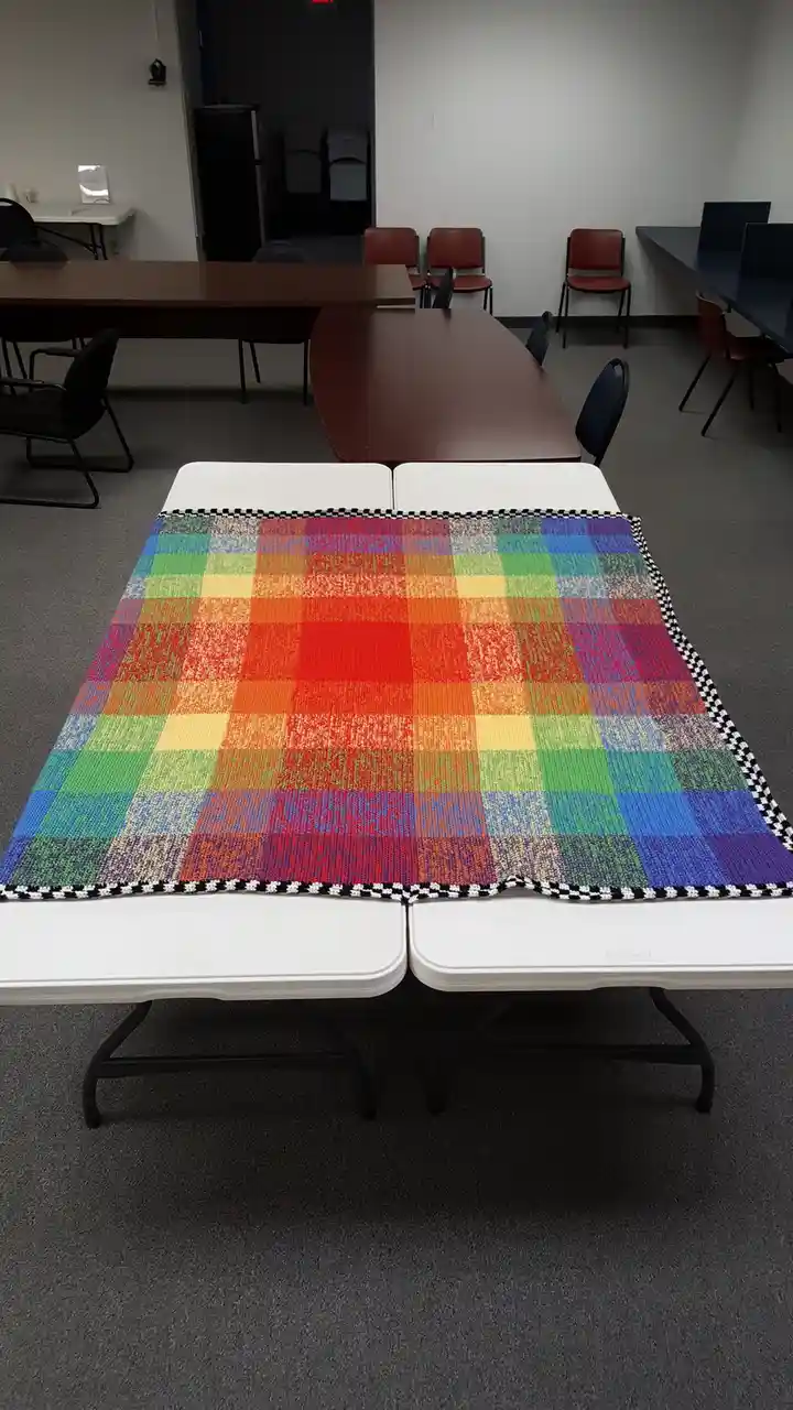 A colorful, hand-knitted rainbow blanket with a black-and-white checkered border is spread across two white folding tables…